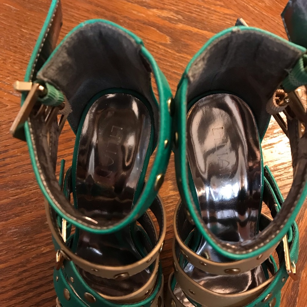 Gorgeous Tan, Teal & Gold Studded Double Ankle Strap High Heels! - Picture 16 of 16